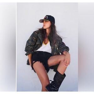 We The Free Westwood Mid Rise High Low Black Denim Shorts